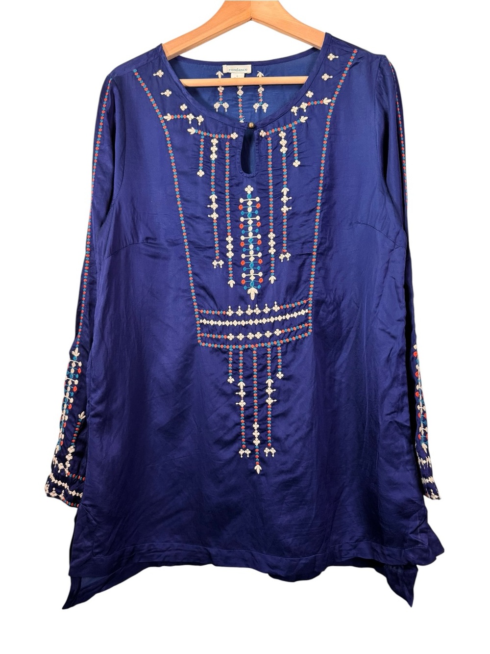 Sundance Embroidered Royal Blue Satin Tunic Shirt Size Large Long Sleeve Boho